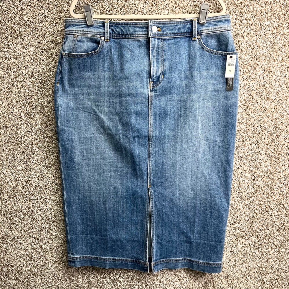Talbots Skirt Women's 16 Blue Island Wash Front Slit Denim Pencil NWT